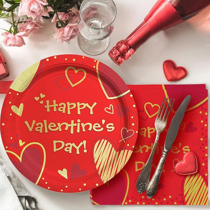 Valentine's Day Party Supplies Red Heart Love Disposable Paper Plates Napkins Cups plastic Tablecloth for Valentine's Day Engagements Anniversary Birthday Party Serve 25