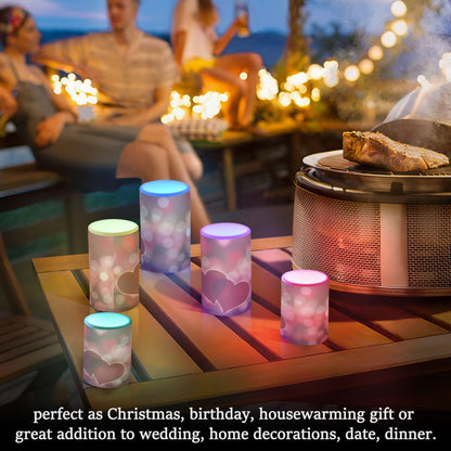 Valentines Lights Flameless Candles Valentines Hearts Bokeh Effect Pillar Candles Set of 2 Battery Operated Remote Control Warm Lights Home Decor