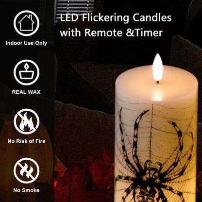 Lasumora Halloween Decorations Flameless Candles with Remote Timer - Skull, Spider Web, Crow Raven Decals Set of 3, Battery Operated Halloween Decor Indoor LED Candle Horror Gothic Punk Real Wax