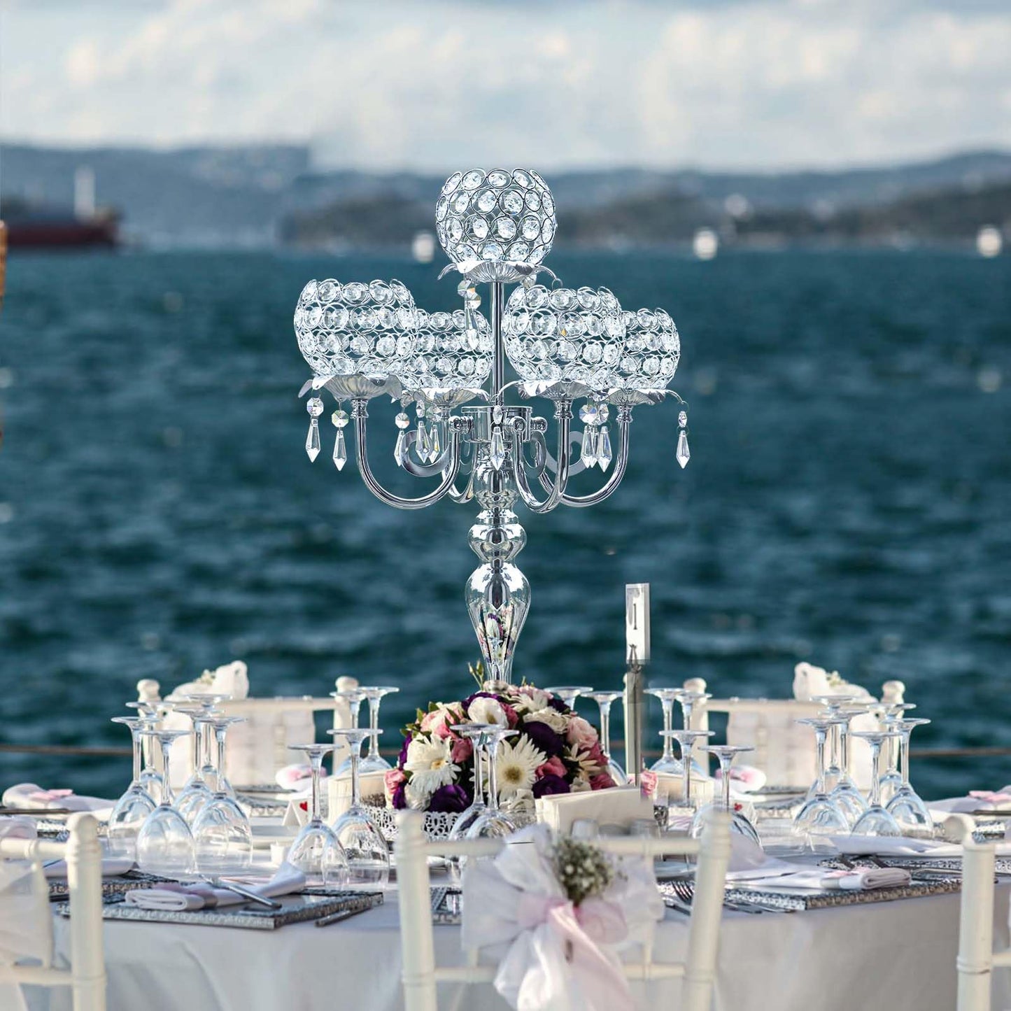 5 Arm Crystal Strap Pendant Silver Table Decor Candelabra Set of 2, 22.5 inches Elegant Dining Room Centerpieces for Holiday Parties Weddings