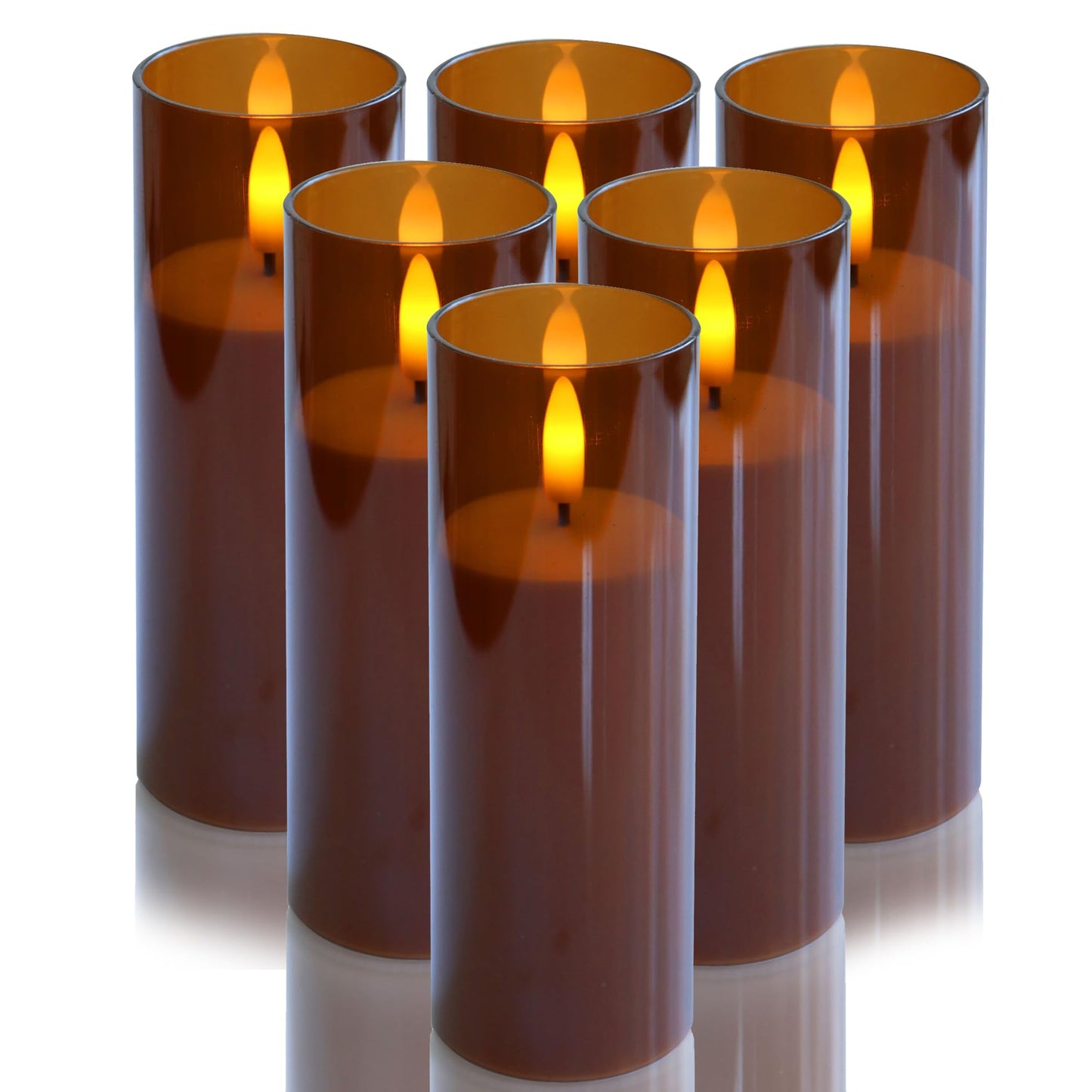 CANDLE CHOICE Indoor Outdoor Flameless Candles with Timer Waterproof Realistic Flickering Battery Operated Pillar LED Lights with Acrylic Shell Wedding Party Christmas Decorations 6 Pack 2”x6” Brown