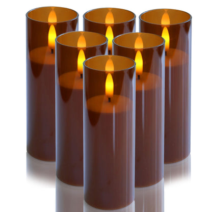 CANDLE CHOICE Indoor Outdoor Flameless Candles with Timer Waterproof Realistic Flickering Battery Operated Pillar LED Lights with Acrylic Shell Wedding Party Christmas Decorations 6 Pack 2”x6” Brown