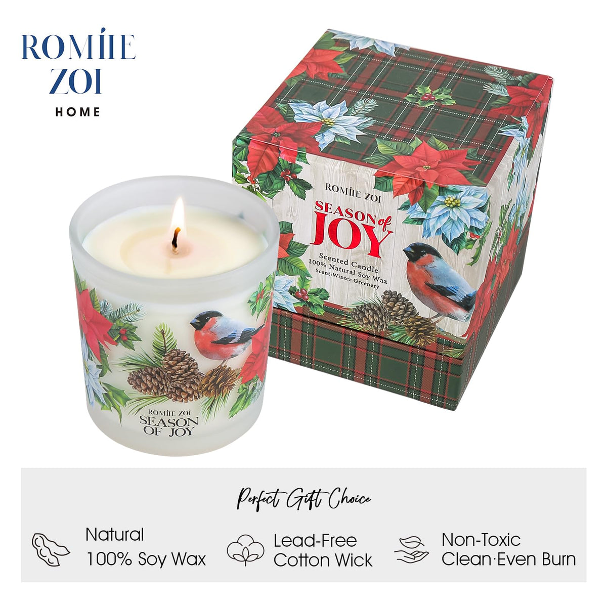ROMIIE ZOI Christmas Scented Jar Candle - 6oz Soy Wax Candle - Season of Joy Infused with Winter Greenery Aroma - with Beautiful Keepsake Box Special for Christmas/Holiday Gifts