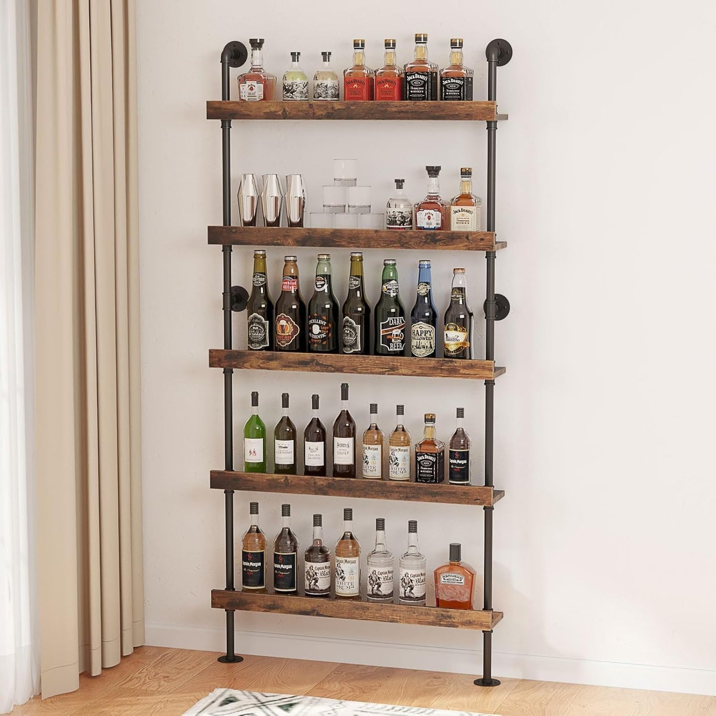 Woskar 5-Tier Wall Mounted Wine Rack, Industrial Pipe Bar Shelf for Wine Bottle Storage, Industrial Pipe Shelves Shelf Shelving for Home Bar Dining Room Kitchen (39.4" W x 79" H)