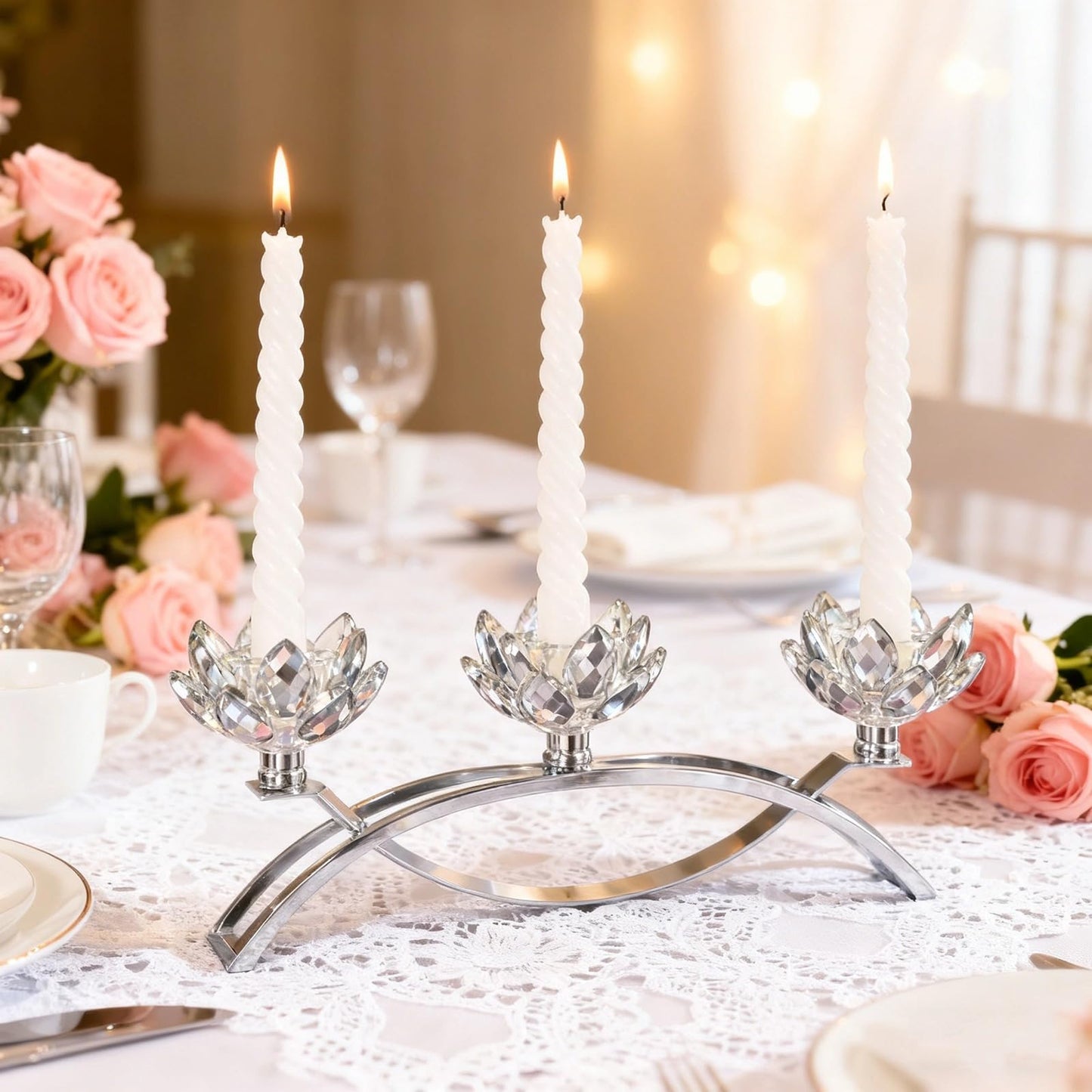 LUMINFLY Crystal Lotus Candle Holders, 11.4 in Silver Table Centerpiece, 3-Head Lotus Candlestick with Glass Petals, Nickel-Plated Metal, for Home Decor, Wedding, Dining