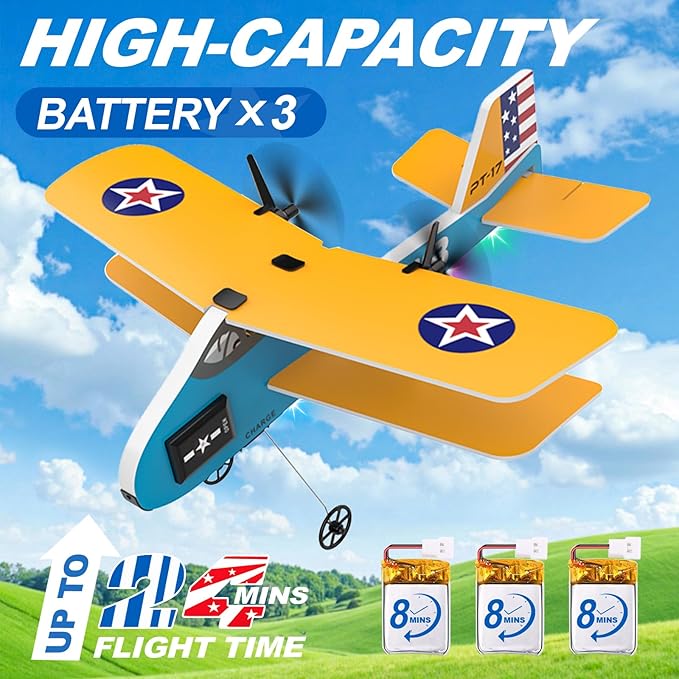 RC Plane 2.4Ghz Remote Control Airplane with 3 Batteries &amp 6-axis Gyro Stabilizer 2 Channel RTF PT-17 RC Toy Easy to Fly for Beginners Kids Boys Girls Adults (Yellow)