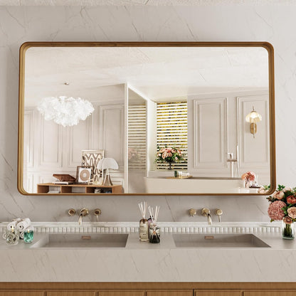 LOAAO Bathroom Mirror - 60X28 Inch Rounded Rectangle Design with Wood Grain Metal Frame | Anti-Rust, Versatile Hanging Options