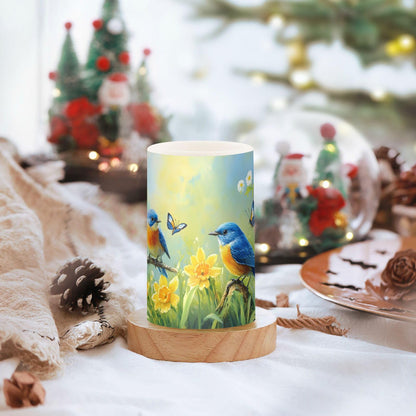 ALAZA Spring Summer Flowers Blue Bird Flickering Flameless Candles Battery Operated with Remote Timer,Tea Light Candles LED Pillar Votive Candles Set of 2 for Outdoor Indoor Decorations