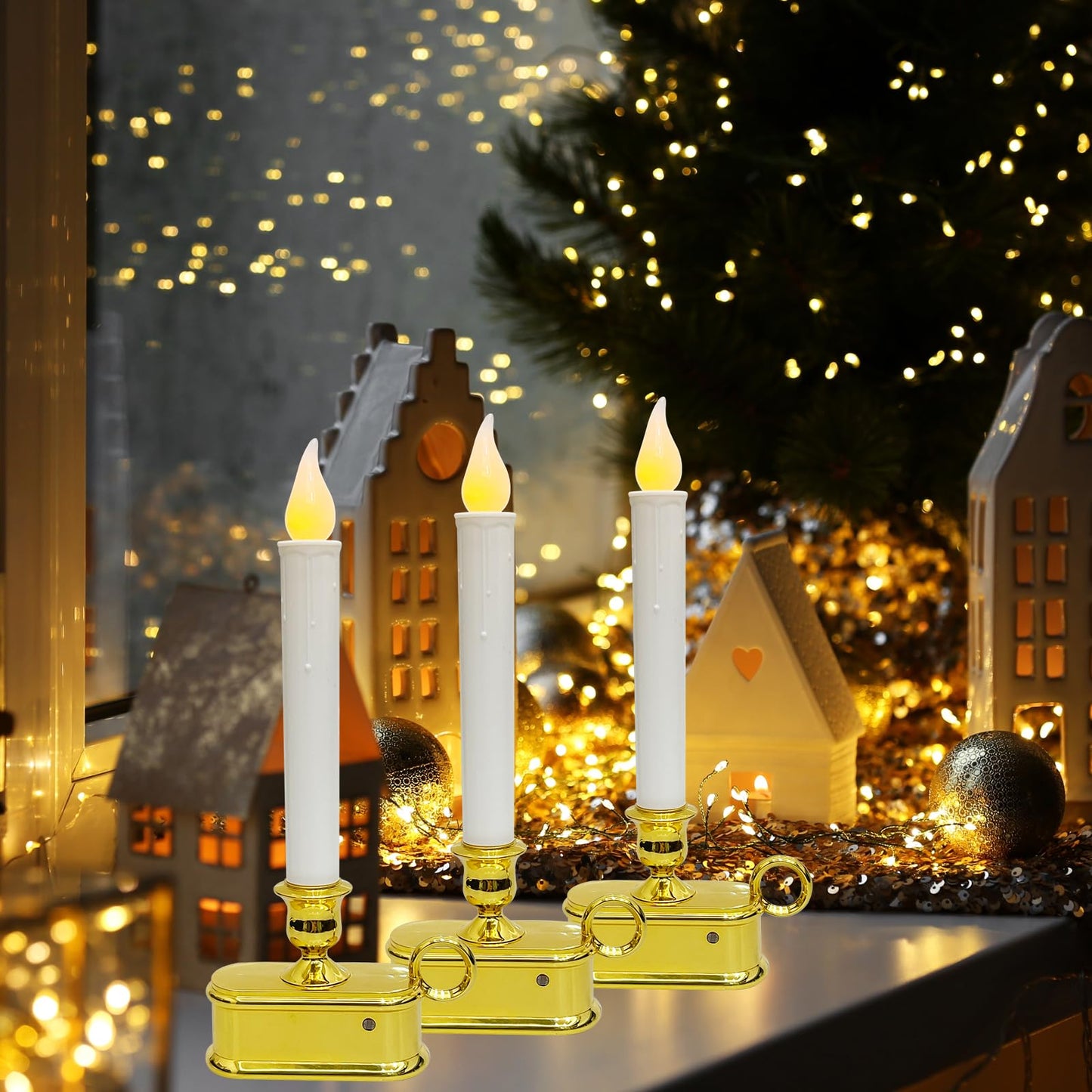 Set of 4 Battery Operated LED Window Candles with Dusk to Dawn Sensor, Flicker Flame Christmas Candles with Gold Base, 10 Inch Flameless Taper Candle Lights for Table Window Bedroom Christmas Decor