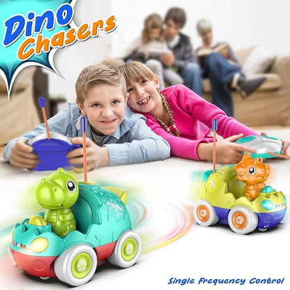 Remote Control Car for Toddlers Toddler Toys for 18+Months RC Cars with LED Lights &amp Music Dinosaur Toy for Kids 2 3 4 5 Years Old Birthday Gifts for 3+ Year Old Girls Boys -2 Pack