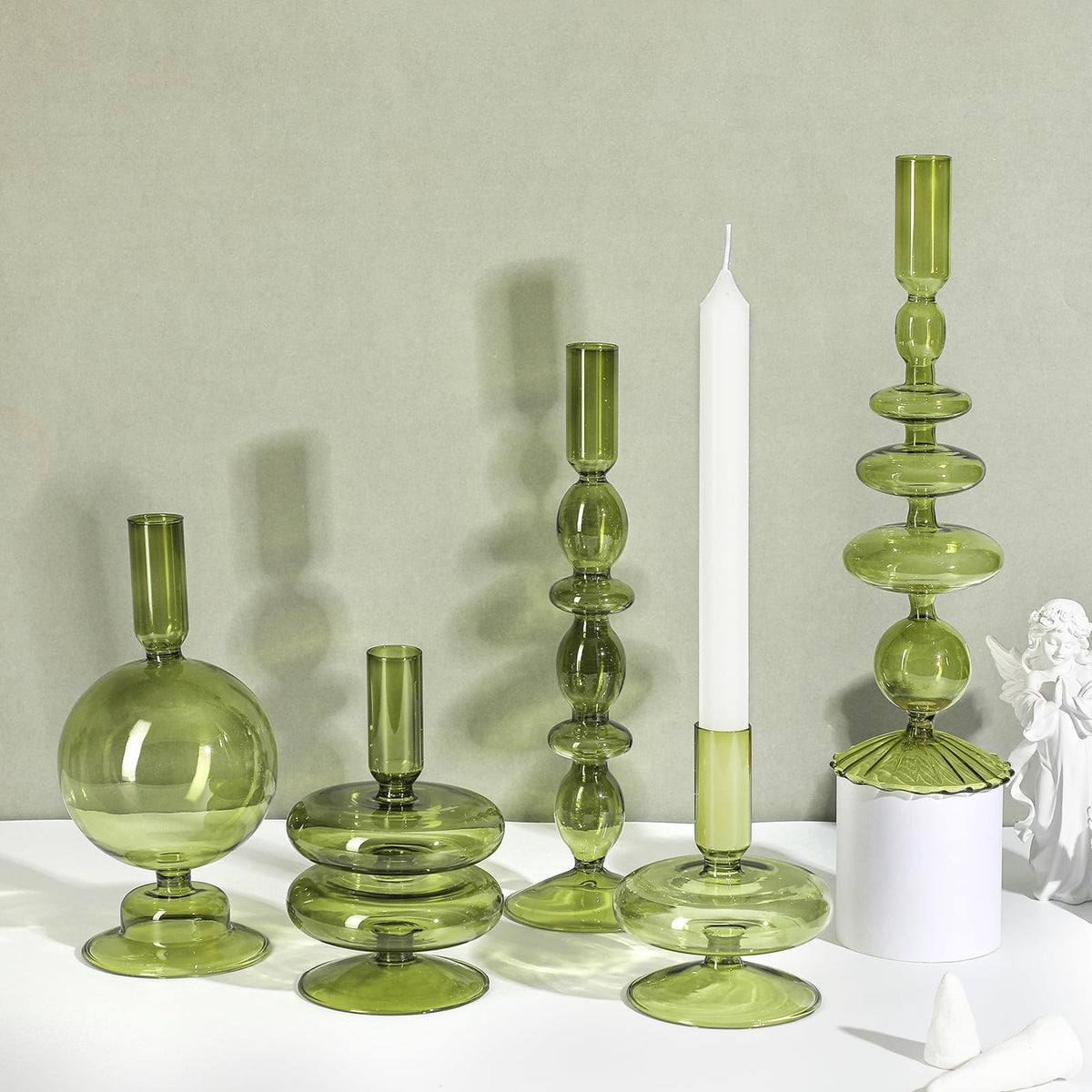Rtteri 5 Pcs Glass Candlestick Holders Colorful Glass Taper Candle Stand Groovy Candlestick Wavy Boho Chic Clear Bases Holders Elegant Vase for Home Party Centerpiece(Green)
