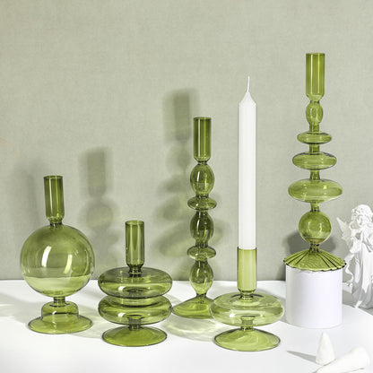 Rtteri 5 Pcs Glass Candlestick Holders Colorful Glass Taper Candle Stand Groovy Candlestick Wavy Boho Chic Clear Bases Holders Elegant Vase for Home Party Centerpiece(Green)