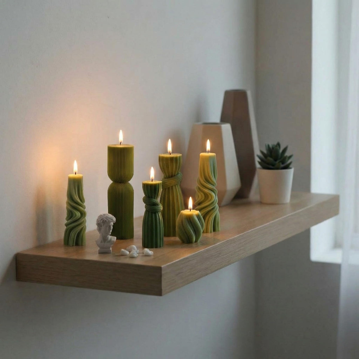 Threlaco 6 Pcs Pillar Candles Decorative Modern Aesthetic Ribbed Candle Set Cute Soy Wax Scented Ribbed Decor Commemorative Gift for Home Decoration(Green, 2.36-6.89 Inch)