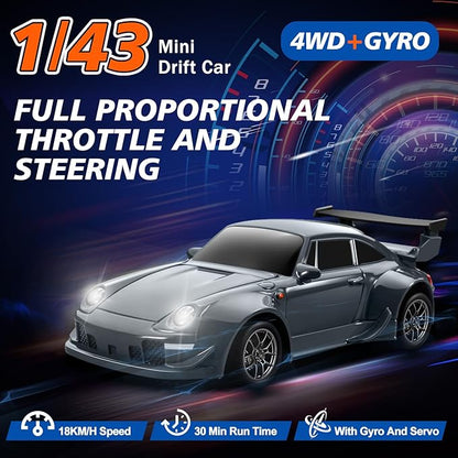 ACAMMZAR Mini RC Drift Car with Gyro 1:43 4WD Full Proportional RC Cars 18KM/H High Speed Remote Control Car with Lights Extra Racing Tires Vehicle for Adults Kids Boys Gray