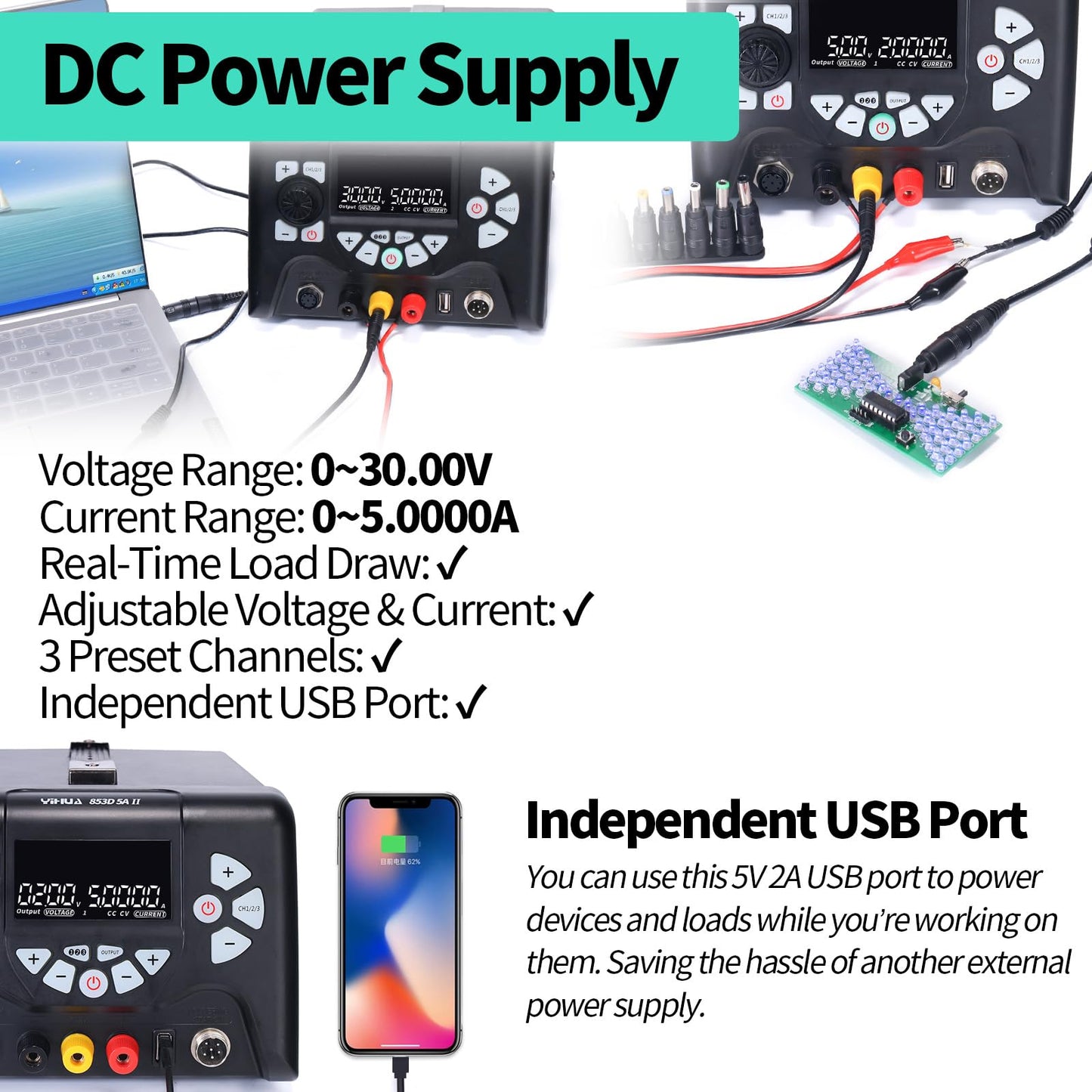 YIHUA 853D 5A-II 3 in 1 Hot Air Rework Soldering Iron Station and DC Power Supply 30V 5A -°F /°C Multiple Functions