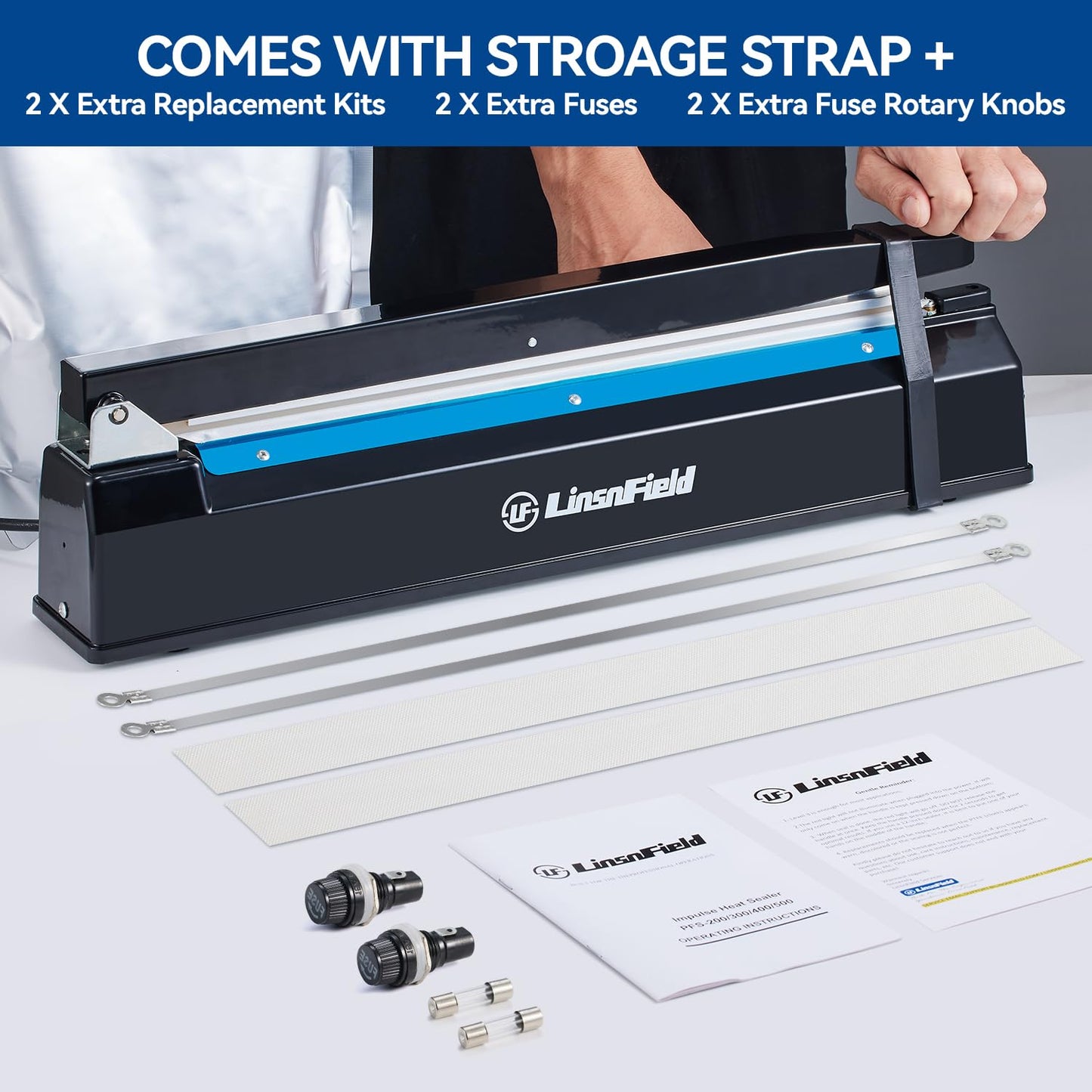 LinsnField Sealer Pro - 16 inch Impulse Heat Sealer - 5mm Sealing Width - Manual Heat Sealer Machine for All Bags - Most Heavy Duty for Strong, Secure Sealing for Long Term Food Storage, Deep Blue