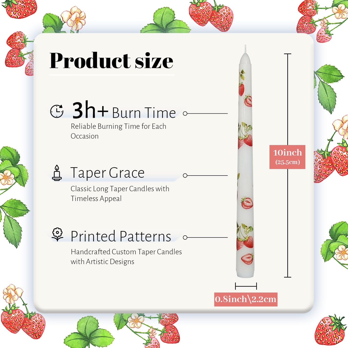 Taper Candles 10 Inch Print Candle Handmade Unscented Strawberry Long Candles 2 Pack Twisted Candlesticks for Wedding Home Decoration Gifts
