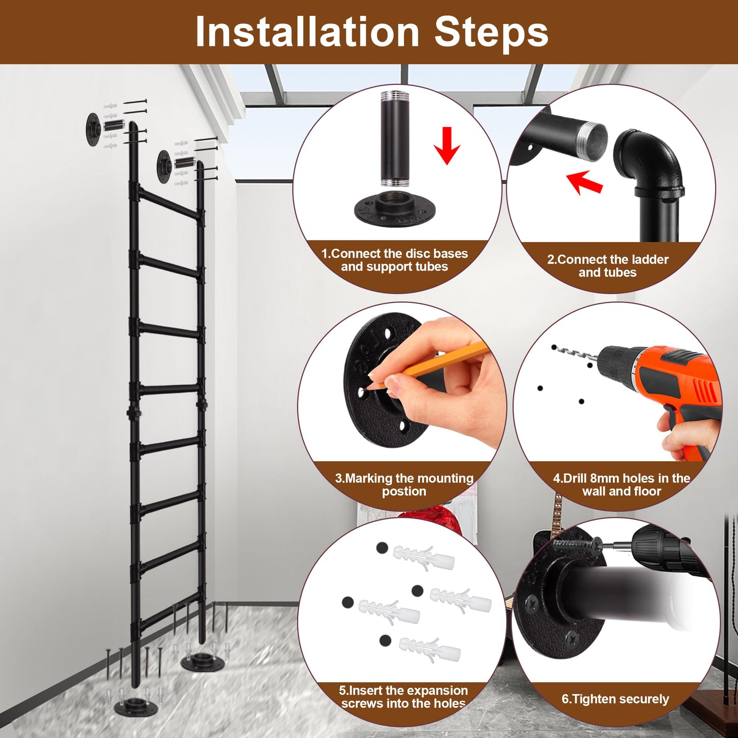 8FT/244CM Ladder for Loft, Wall-to-Floor Window Well Egress Climbing Ladder, Wrought Iron 330lbs Capacity, 8-Rung, Indoor Outdoor for Basements, Attics, Lofts, Dorms & Home