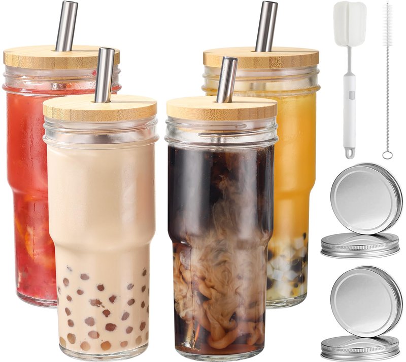 ASANMEYO 4 Pcs 24 oz Glass Cups With Bamboo Lids and Straws & 4 Airtight Lids, Reusable Smoothie Cups Mason Jar Drinking Glasses Iced Coffee Cups Glass Tumbler for Bubble Tea, Juice, Gift