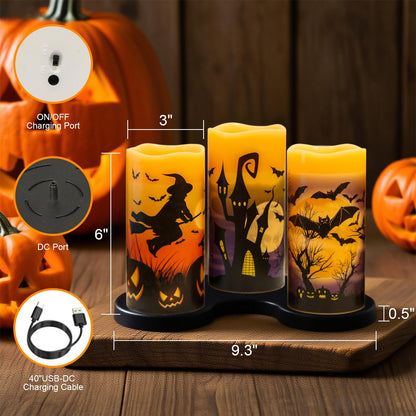 DRomance Rechargeable Halloween Flameless Candles Battery Operated with 6 Hour Timer Real Wax Flickering LED Pillar Candles Bats Witch Pumpkin Dinner Halloween Indoor Deocration(3 Pack, 3" D x 6" H)