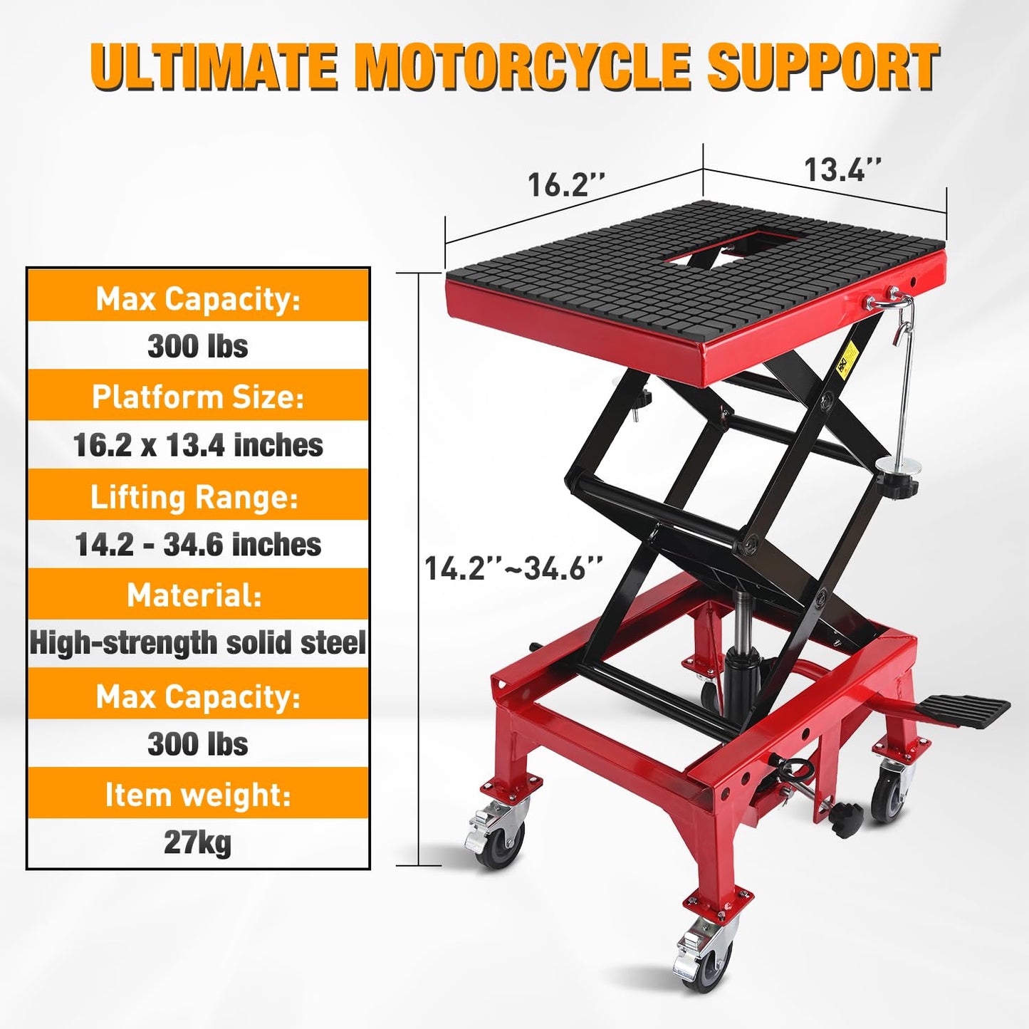 Nilight Motorcycle Lift Table Jack 300 LBS Heavy Duty Hydraulic Motorcycle Scissor Jack Lifts Table Foot Pedal with 4 Caster Wheels Wide Deck for Motorbike Dirt Bike ATV Garage Repair Tool, Red