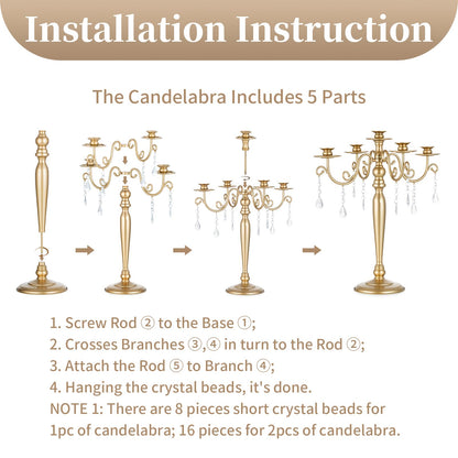 Sziqiqi Wedding Candelabra Table Centerpiece: 5 Arm Candelabras for Candlesticks - Gold Candle Holder Set of 2 for Christmas Engagement Birthday Party Event