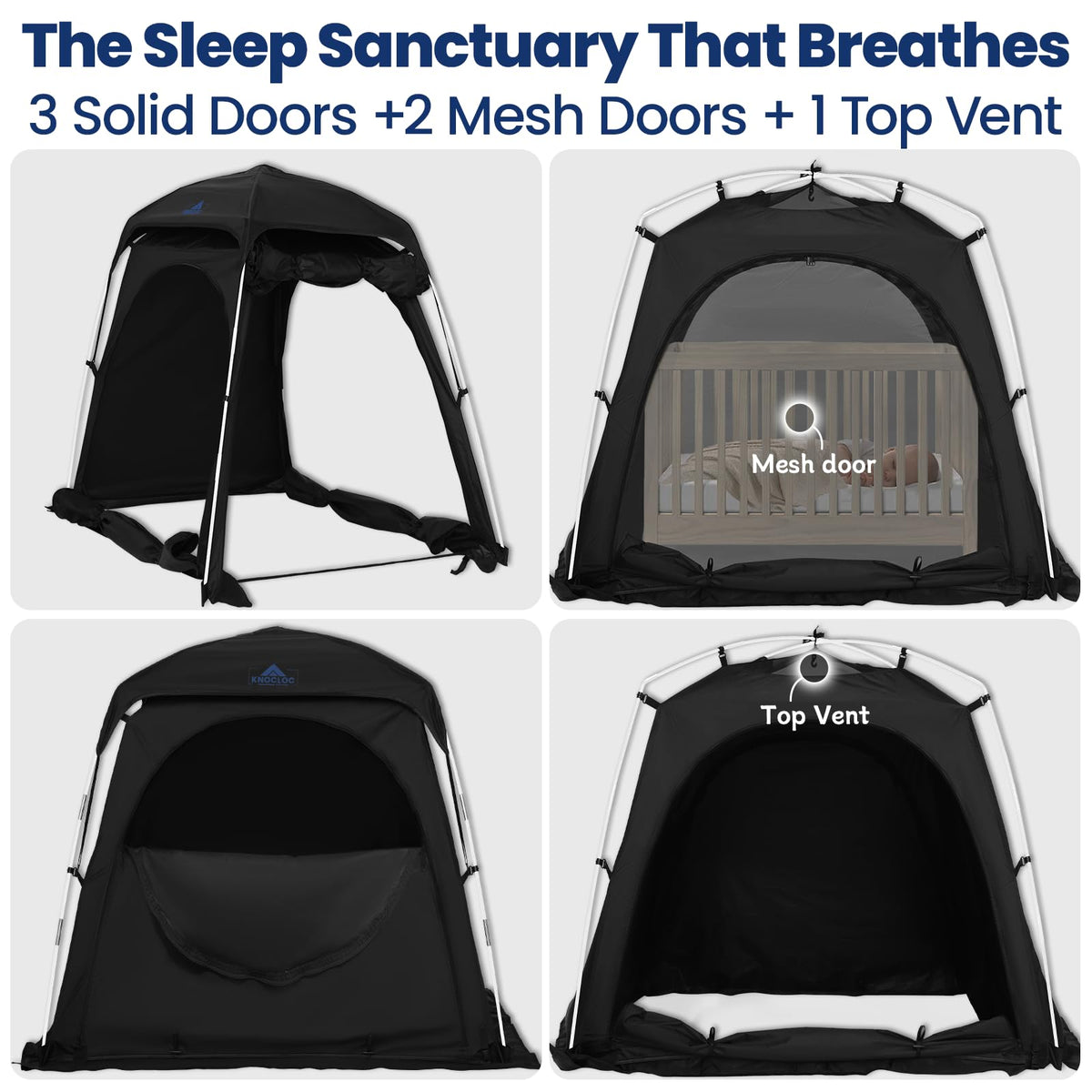 KNOCLOC Blackout Tent for Crib, Pack N Play, Toddler Travel Bed & Kids Cot, CPC Certified Baby Sleep Pod with Fan Pocket, 2 Mesh Doors, Breathable & Quiet Design, Easy Setup & Portable
