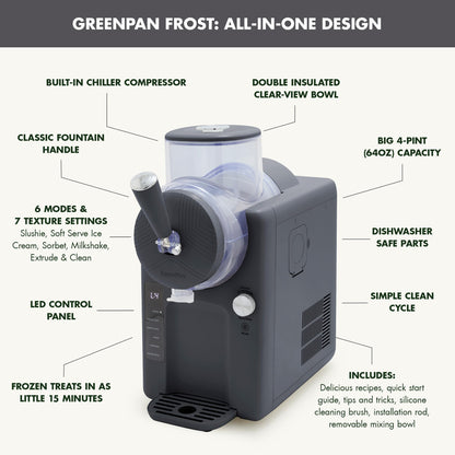 GreenPan Frost Ice Cream Maker & Slushie Machine, Soft Serve, Sorbet, Margaritas, Milkshakes, Frozen Yogurt, No Pre-Freezing, Ready in 15 Mins, 6 Modes, 7 Textures, Self-Cleaning, Family Size, Gray