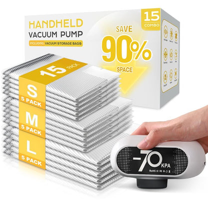 15 Pack Vacuum Storage Bags with -70KPa Electric Pump, Premium Tear-Resistant Reusable Bags for Clothing, Space Saving Essentials for Travel, White