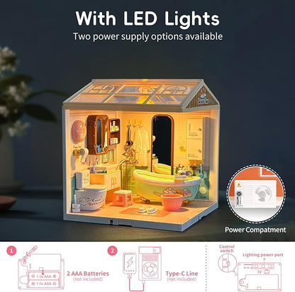 LED Building Blocks for Adults 1:24 DIY Miniature Dollhouse Kits with Roof &amp Dustproof Cover Tiny House Toy Building Sets for Kids Ages 8-12-15 Birthday Hobbies Gift for Men Women Boy Girl