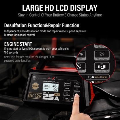 TowerTop 25A Pro+ Battery Charger, 6V/12V Car Battery Charger Fully Automatic Smart Battery Maintainer with Engine Start, Auto Desulfator, Battery Repair, for All Lead-Acid, AGM and LiFePO4 Batteries