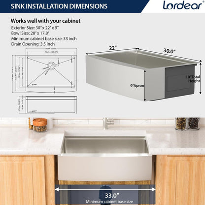 Lordear 30 Kitchen Sink Apron Front 30X22 Inch Farmhouse Sink Workstation 16 Gauge Stainless Steel Single Bowl Handmade Kitchen Farm Sinks Basin, 9" Apron Height