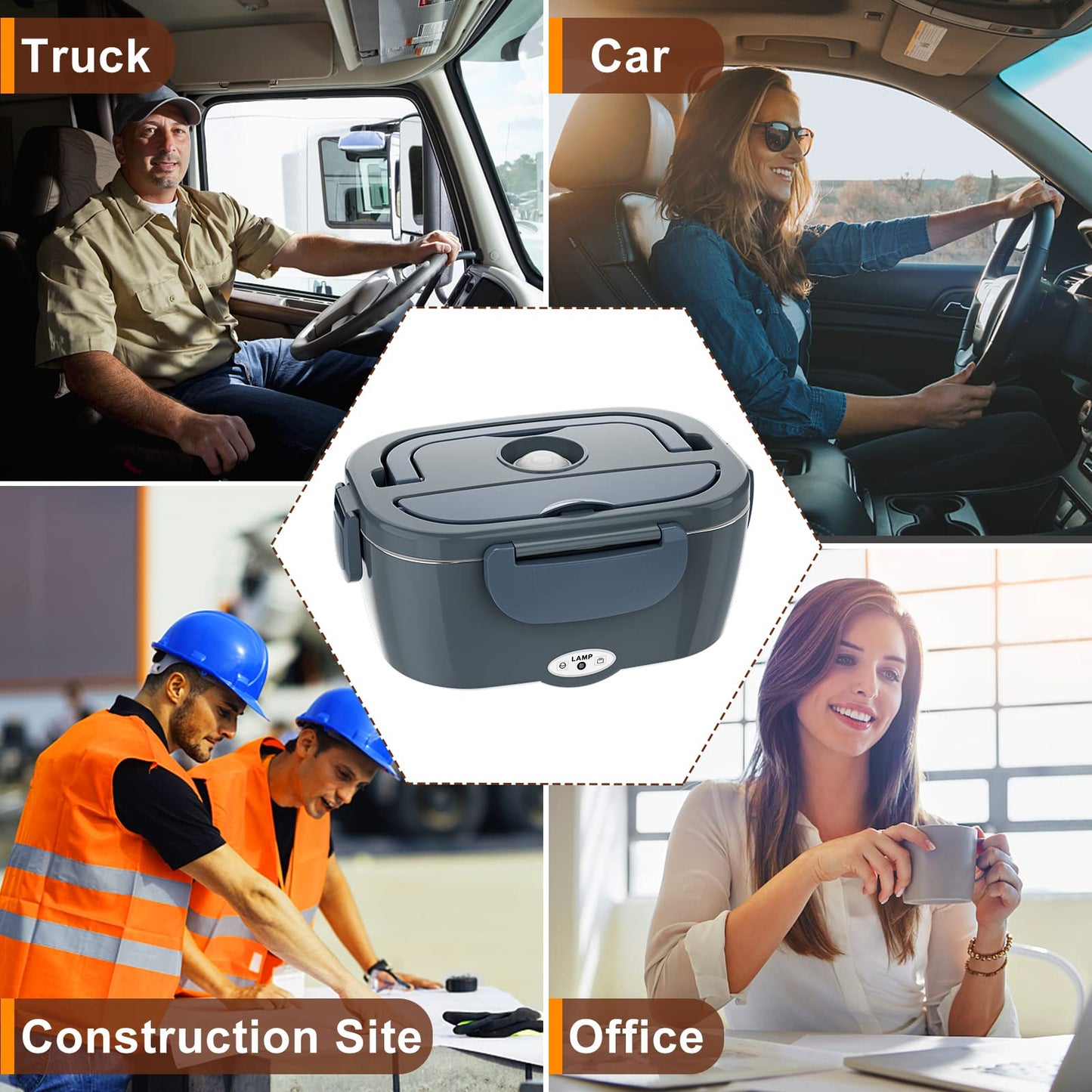 Akhia 80W Fast Electric Lunch Box for Adults 1.5L Portable Heated Lunch Box with 12V/24V/110V Includes Stainless Steel Container, Fork & Spoon & Insulated Bag (Ideal for Car/Truck/Office Use)