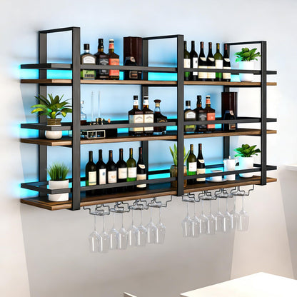 amhricho Wine Rack Wall Mounted with LED Lights, 3 Tier Metal Liquor Floating Display Shelves, with Wine Glass Rack, Iron & Wood Industrial Wall Wine Rack, for Bar, Kitchen, Cafe (Black, 39.4in)
