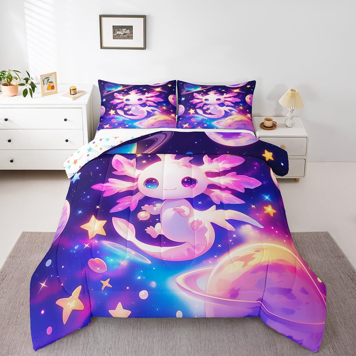 Erosebridal Axolotl Quilt Queen Size for Kids Boys Girls,Galaxy Planet Space Bedding Set Cartoon Animal Comforter Set Purple Dreamy Starry Bedding Comforter Sets