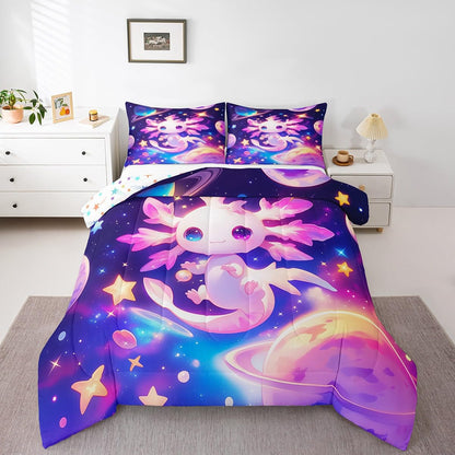 Erosebridal Axolotl Quilt Queen Size for Kids Boys Girls,Galaxy Planet Space Bedding Set Cartoon Animal Comforter Set Purple Dreamy Starry Bedding Comforter Sets