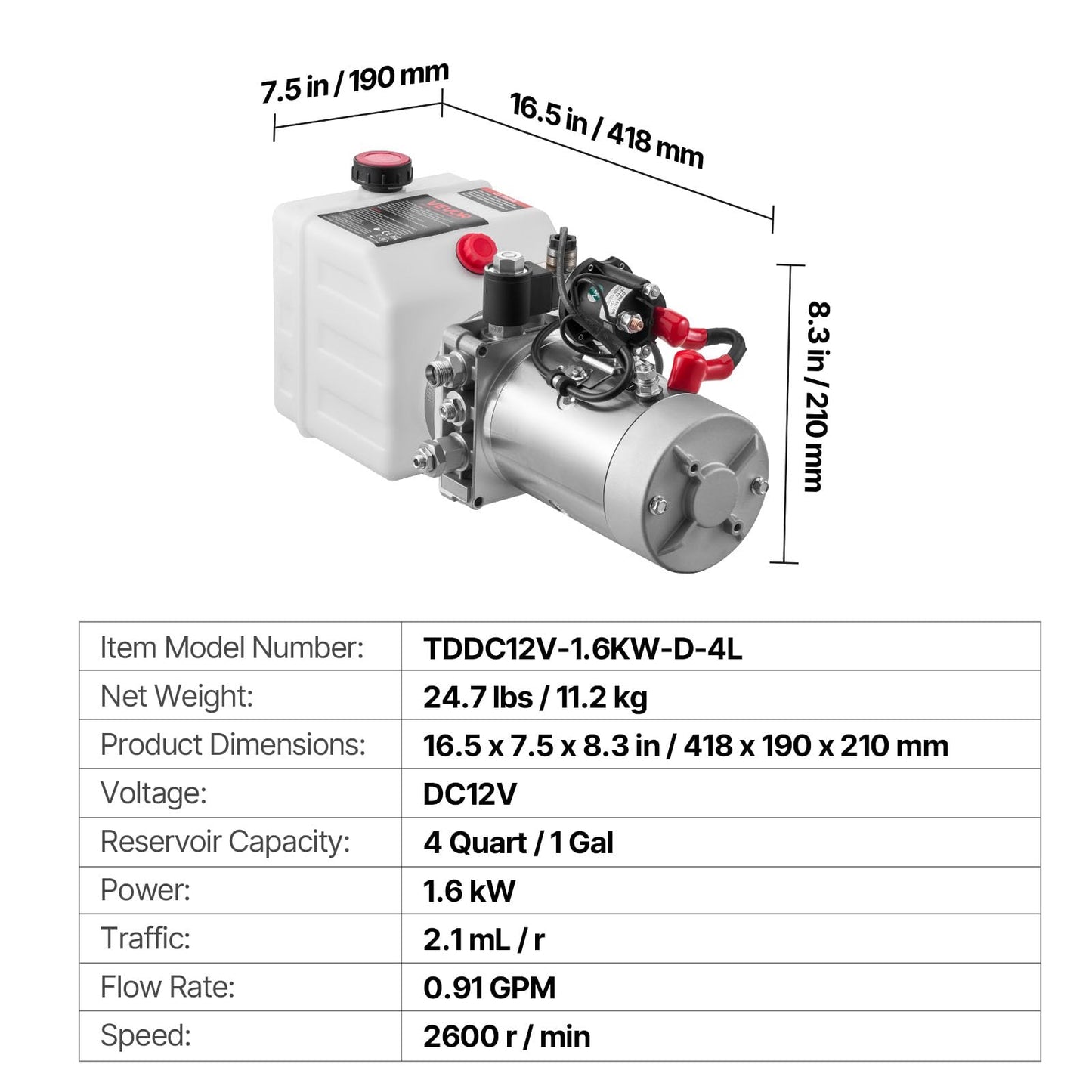 VEVOR 4 Quart Hydraulic Power Unit, Single Acting Dump Trailer Pump, 3200 PSI Max Relief Pressure & 0.91 GPM Flow Rate, DC 12V Hydraulic Pump with Metal Reservoir for Dump Trailer Car Lifting