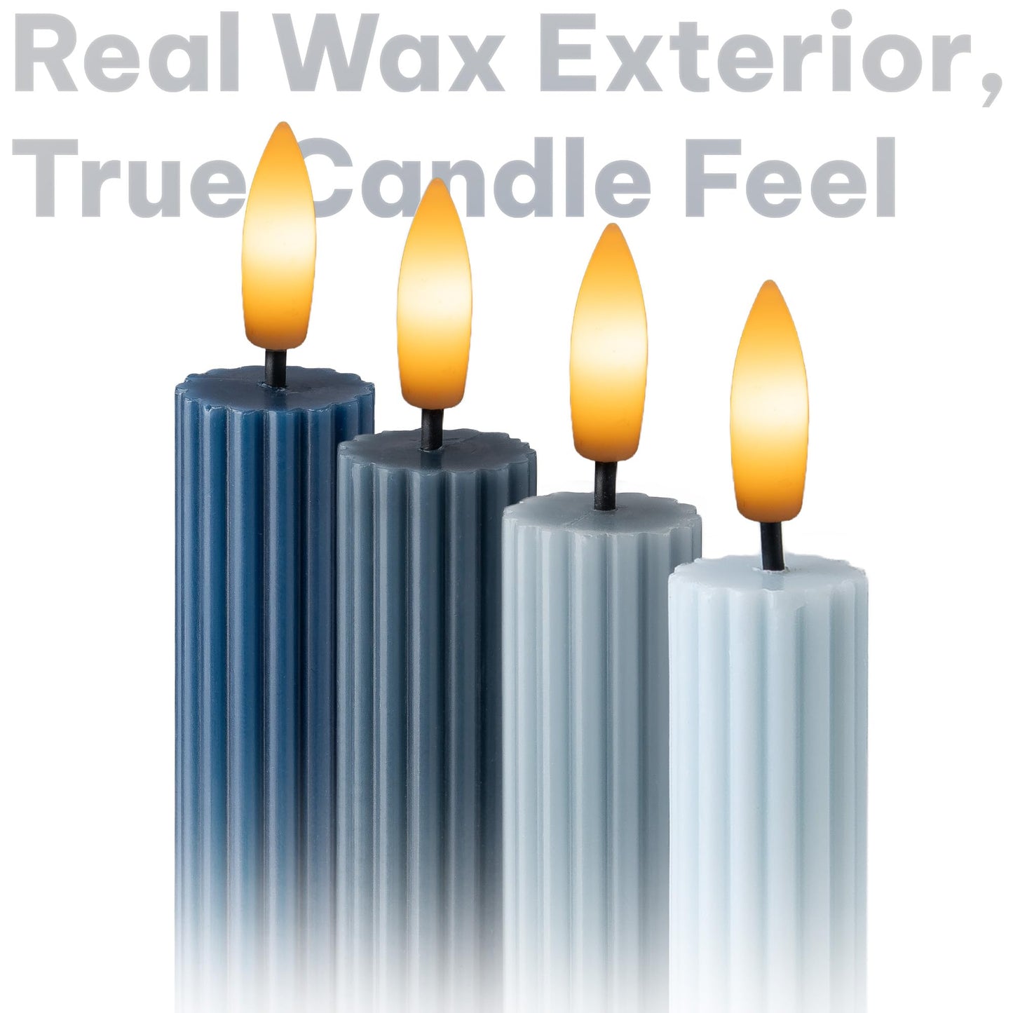 WYZworks Coordinated Blue Dawn Overcast Blues 4 Pack, 10" Real Wax LED Flameless Fluted Ribbed Grooved Taper Candles, Remote & Timer Memory, On/Off Button, Dimmable, Battery Operated, Menorah Wedding