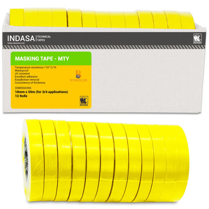 INDASA MTE Yellow 3/4" x 50m Masking Tape, 12 CASE– High-Temp Resistant, No Residue, Clean Removal – Ideal for Automotive, Painting & Industrial