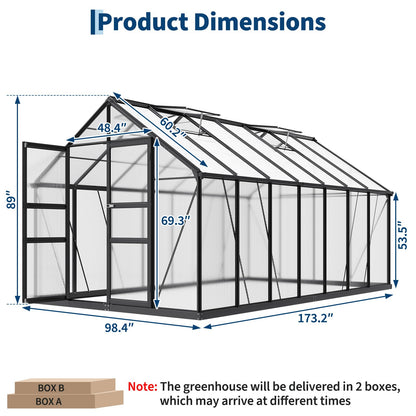 8×14 FT Outdoor Aluminum Polycarbonate Greenhouse, Easy Assembly Walk-in Greenhouse with Roof Vent & Lockable Hinged Door, Large Heavy Duty Greenhouse for Patio, Backyard, Garden, Sunroom, Black