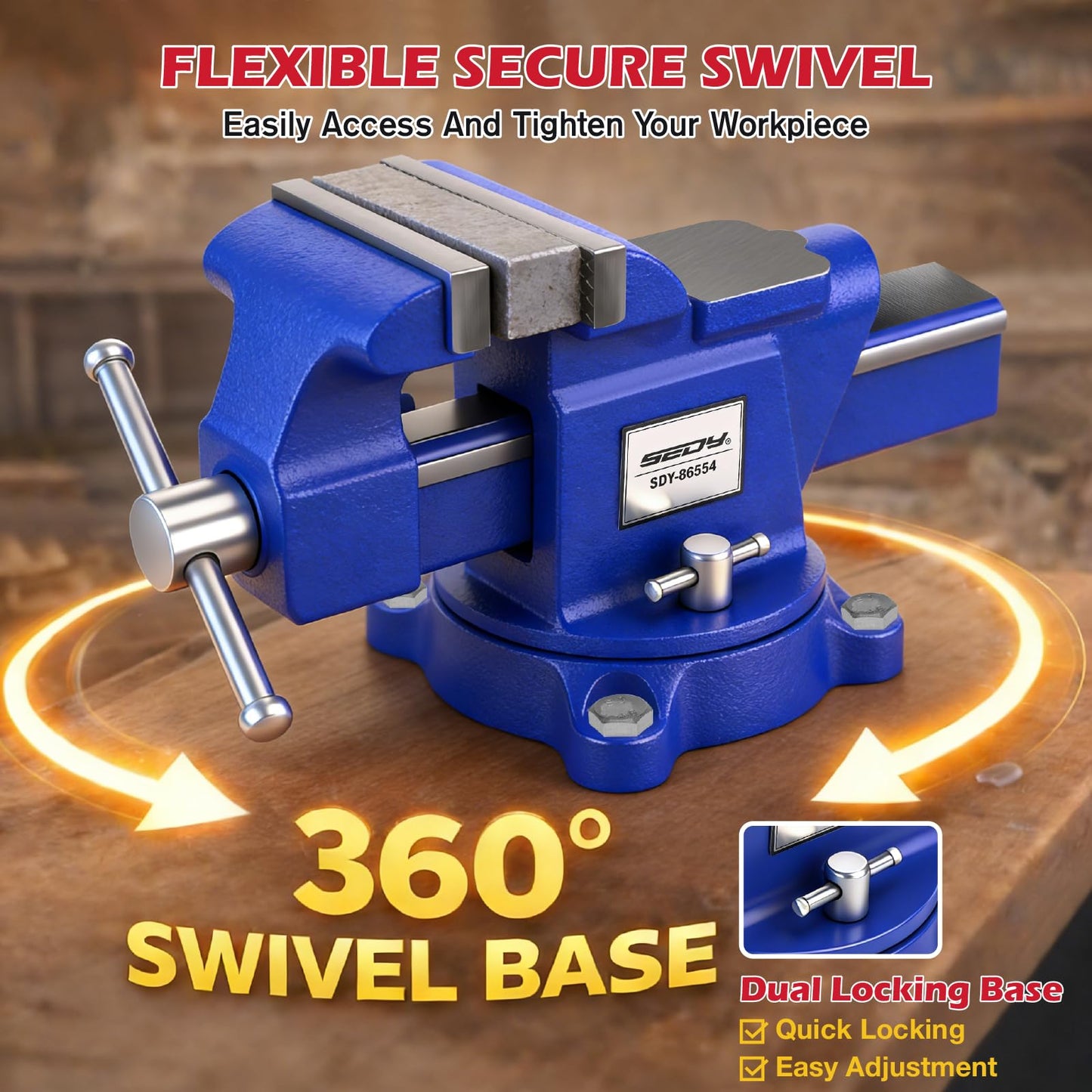 6-Inch Bench Vise with Jaw Pads, Heavy Duty Workbench Vise with Anvil, 360° Swivel Locking Base, 4500 lbs Clamping Force Bench Vice for Woodworking, Drilling, Pipe Cutting