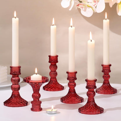 DARJEN Red Glass Candlestick Holders Set of 6, 4" H & 5" H Taper Candle Holders for Candlesticks & Pillar Candles, Diamond Candle Holders for Wedding Party Table Centerpiece, Home Decor