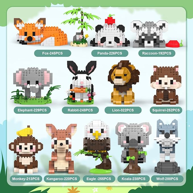 HIGH GODO 12 Pack Animal Party Favors Building Sets Mini Animals Building Blocks Decor Model Kits Goodie Bags Stuffers Classroom Small Prize Toys Gifts for Adults Teens Age 14+