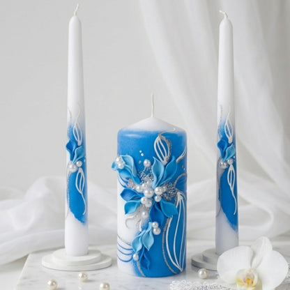 Magik Life Unity Candle Set - Wedding Ceremony & Reception – 6” Pillar & Two 10” Taper Candles – Long Burning Unity Candles for Marriage Ritual – Handmade in USA –White | Royal Blue