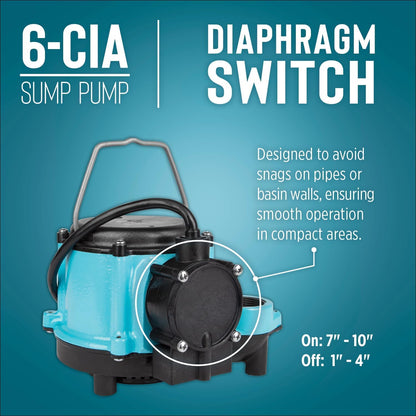 Little Giant 6-CIA 115 Volt, 1/3 HP, 2760 GPH Cast Iron Automatic Submersible Sump Pump with Integral Diaphragm Switch for Sump Systems, 10-Ft. Cord, Blue, 506158