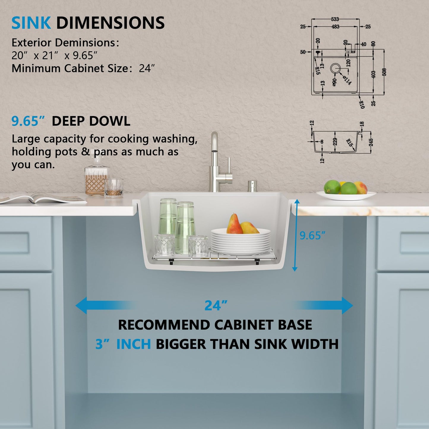 Fulorni 21"×20" Drop In Wet Bar Sink Workstation - White Granite Composite Quartz Classic Top Mount Single Bowl Outdoor Kitchen Bar Prep RV Sink Basin