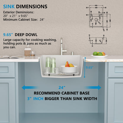 Fulorni 21"×20" Drop In Wet Bar Sink Workstation - White Granite Composite Quartz Classic Top Mount Single Bowl Outdoor Kitchen Bar Prep RV Sink Basin