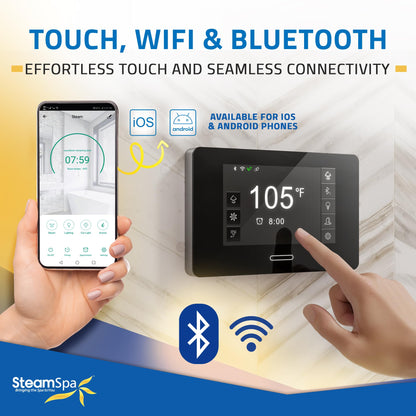 SteamSpa Steam System 12kW Steam Shower Generator with Bluetooth Wifi, Quickstart Continous Steam, Advanced Touch Pad Screen, Chroma Lights, Drain Pan and Auto Drain Gold RVBS1200GD-A