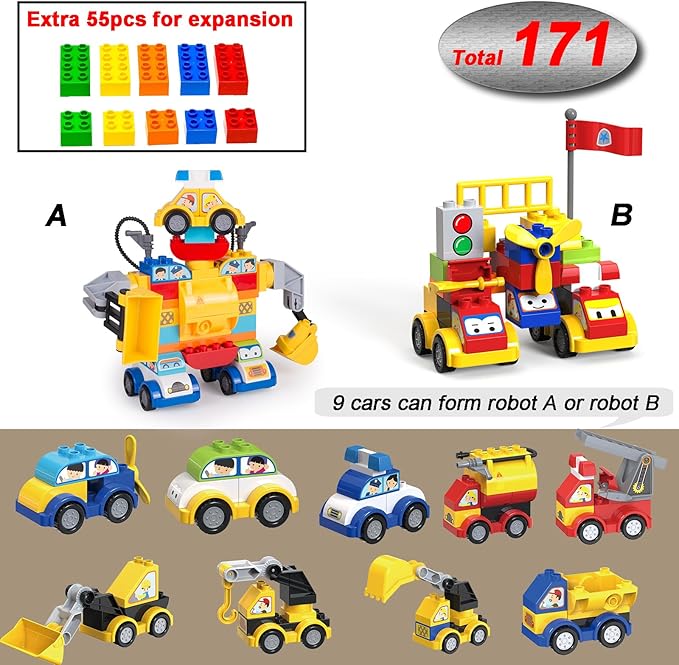 Building Blocks for Toddlers 2-5 171 Pieces Blocks Car Set for Kids Classic Large Building Bricks Compatible with All Major Brands Educational Toys for All Ages