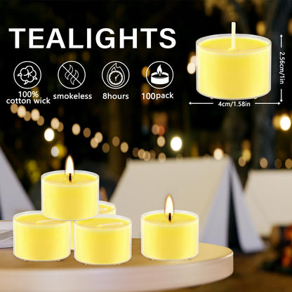 Fclayvts 8-Hour 100 Pack Citronella Tealight Candles, Outdoor and Indoor Summer Scented Candle,Natural Soy Wax Candle for Home Patio Garden Yard Balcony,BBQ Birthday Emergency